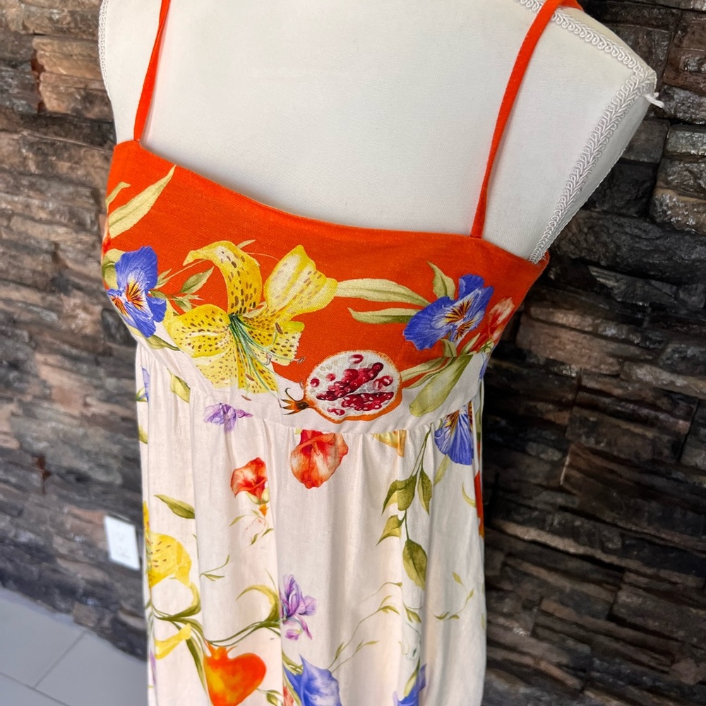 Rachel Zoe Cream Floral Maxi Dress with Bright Orange Trim - Picture 2 of 7
